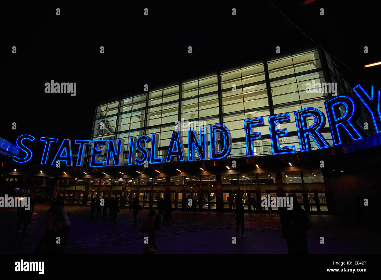 NEW YORK CITY - OCTOBER 02, 2016: The giant neon letters at the entrance to the Staten Island Ferry terminal at Battery Park Stock Photo
