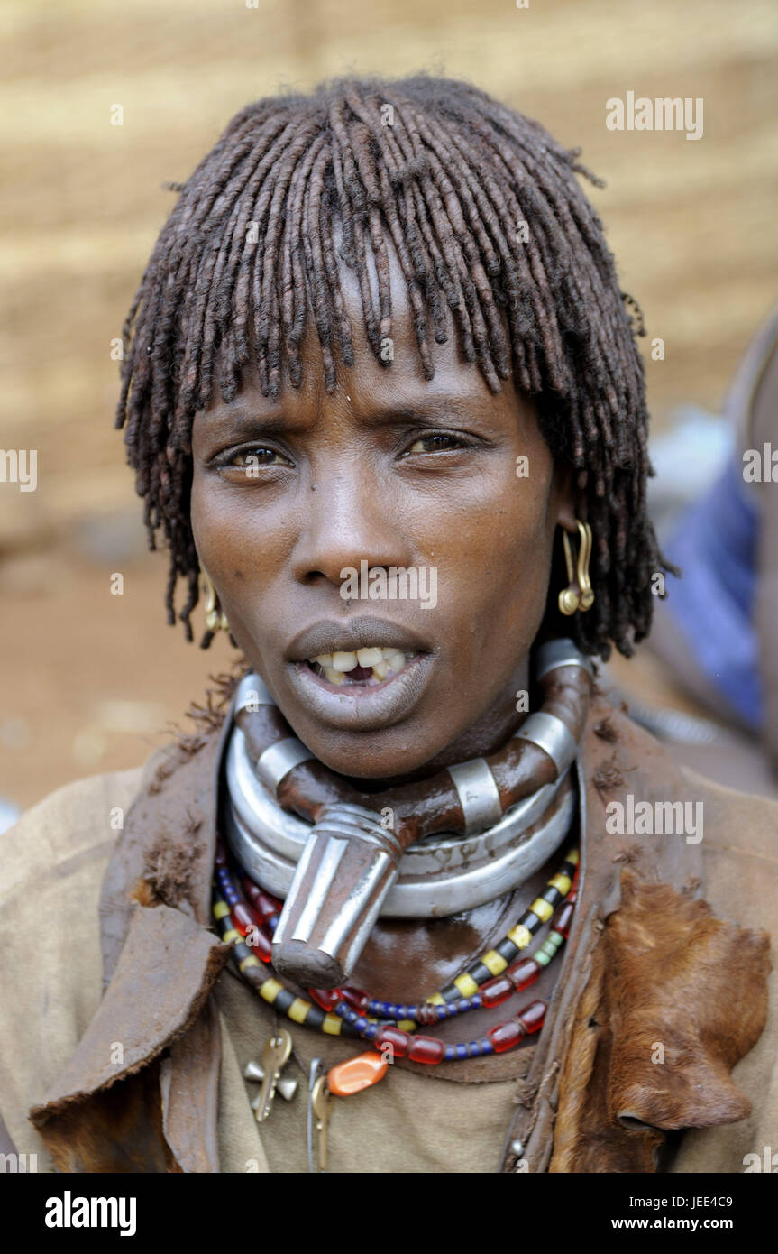 Woman, tribe Hamar, Dimeka, southern Omo valley, south Ethiopia, portrait, Stock Photo