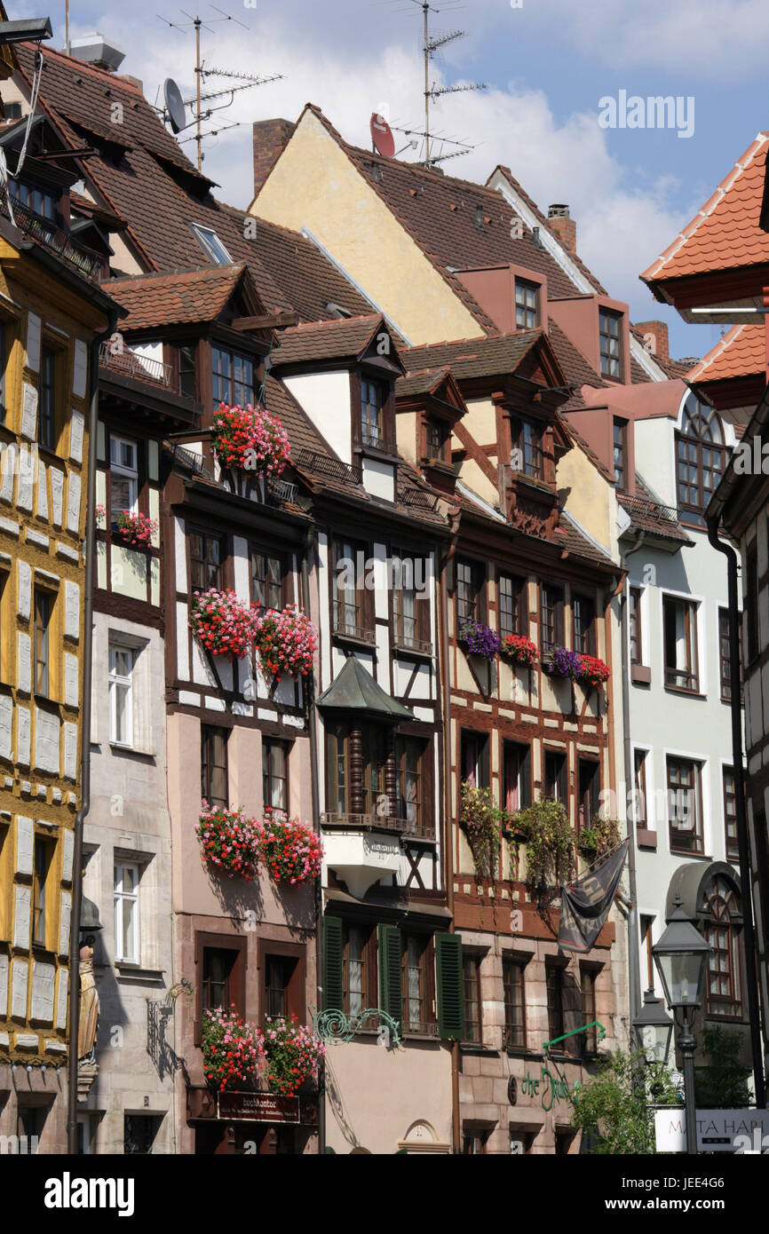 Germany, Bavaria, Nuremberg, tanner's of fine leather lane, half-timbered houses, outside, Franconia, Central Franconia, town, lane, houses, facades, half-timbered, house line, residential houses, buildings, place of interest, window boxes, flowers, roofs, windows, Stock Photo