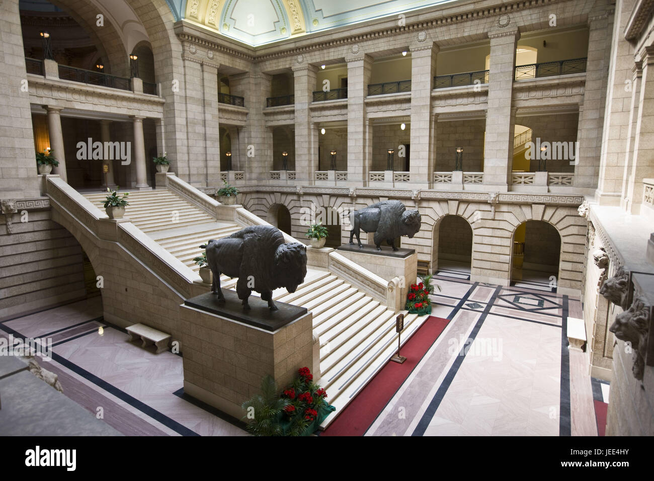 Canada, Manitoba, Winnipeg, Legislative Building, entrance hall, stairs, bronze statues, 'North American Bisons', Stock Photo