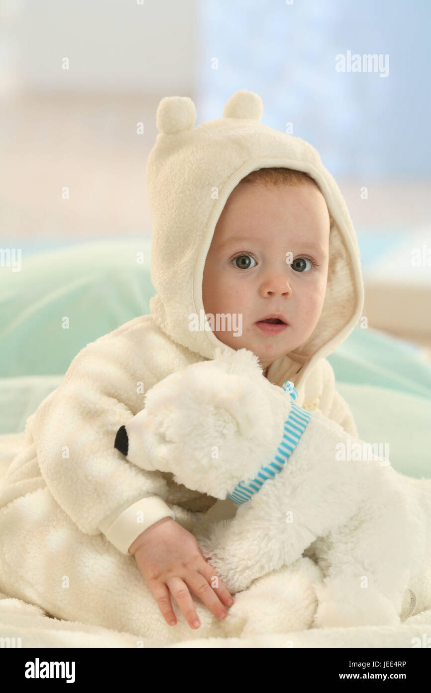 Baby, 6 months, sit, view camera, soft animal, winter, Stock Photo