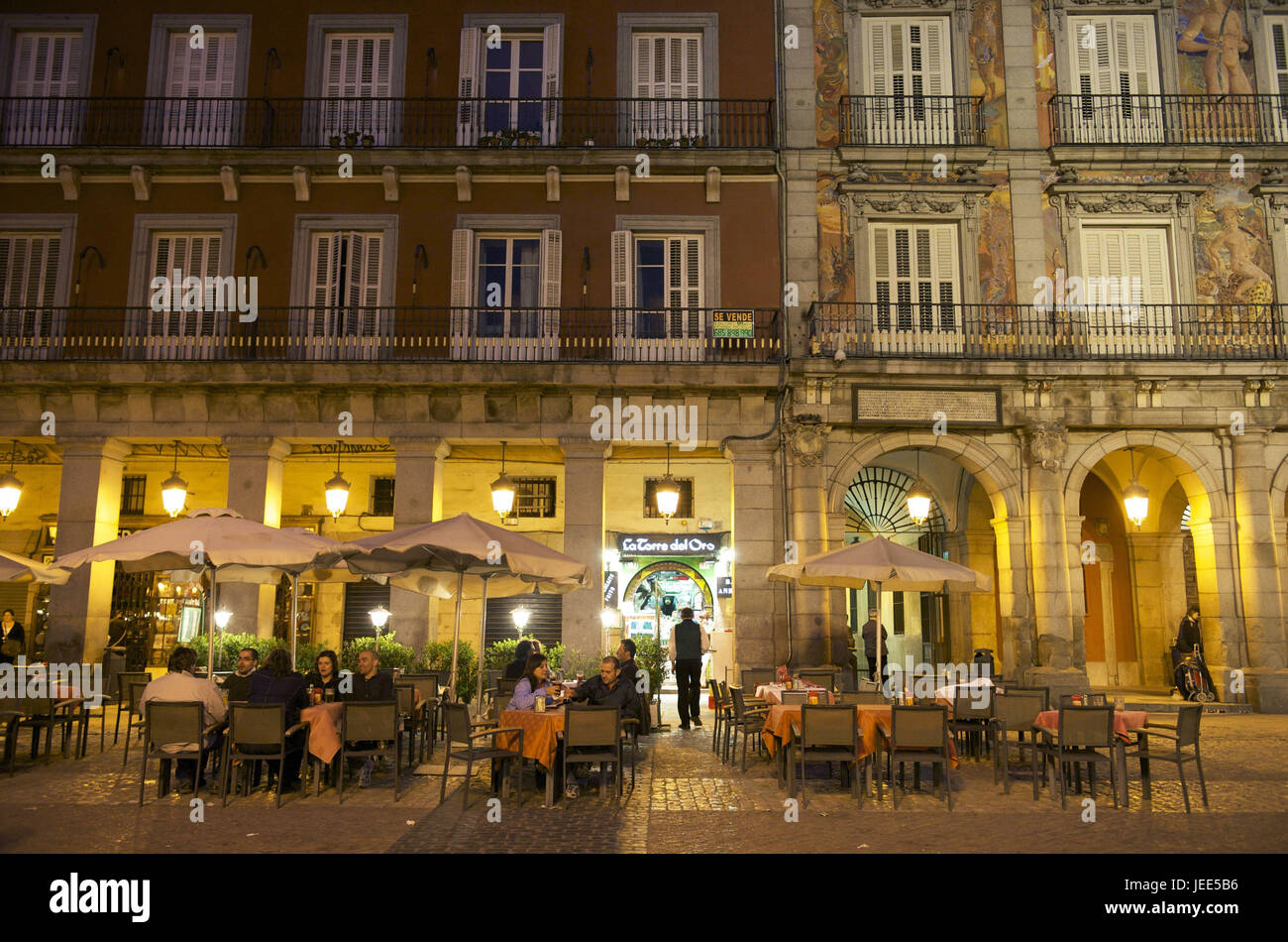 Spain, Madrid, plaza Mayor, Street cafe at night, Stock Photo