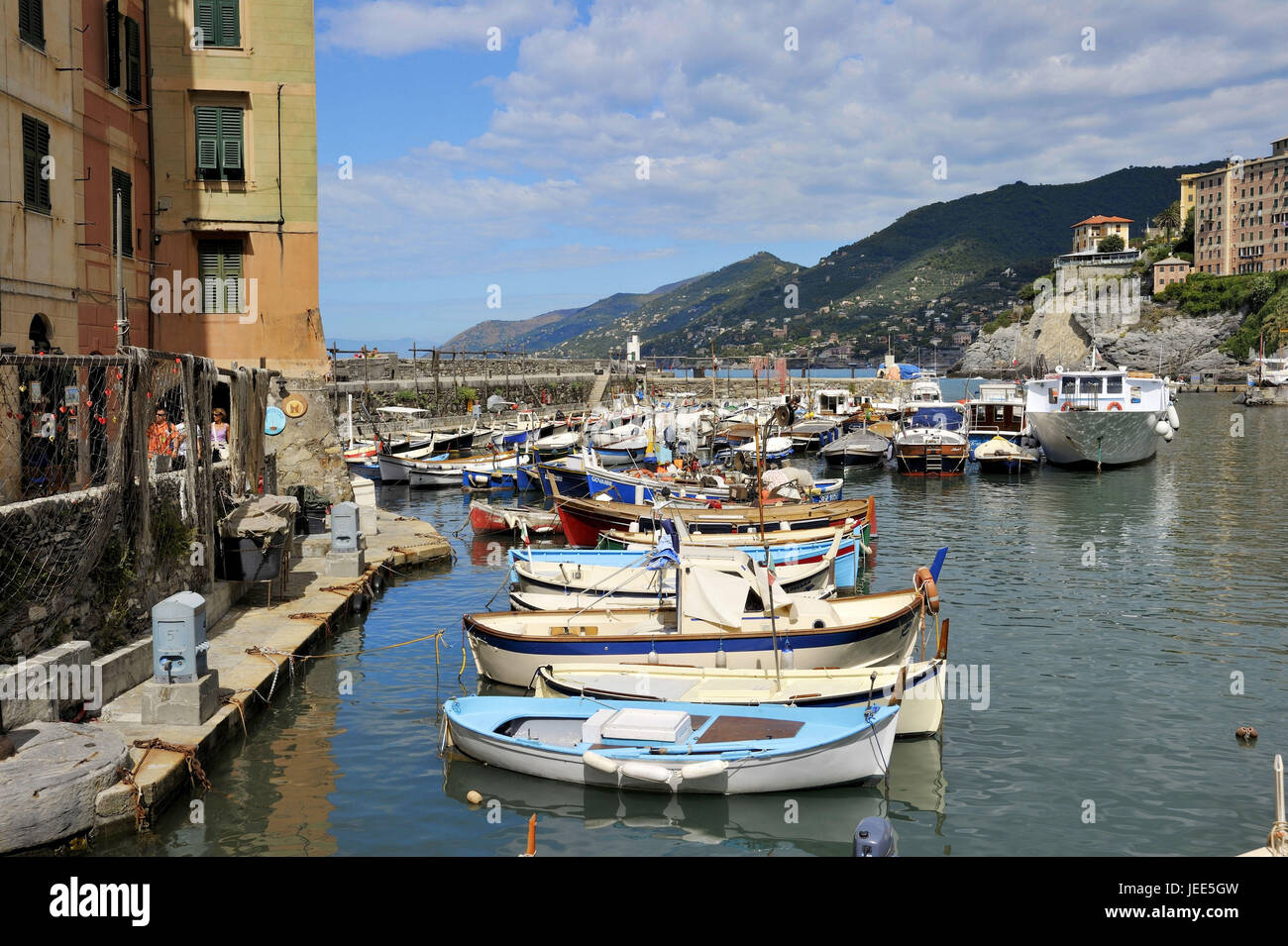 Italy, Liguria, Riviera Tu the Levant, Camogli, fishing boats in the harbour, Stock Photo