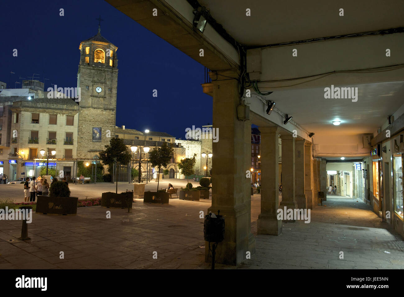 Spain, Andalusia, Ubeda, Andalusian square, Santissima Trinidad church, At night, Stock Photo