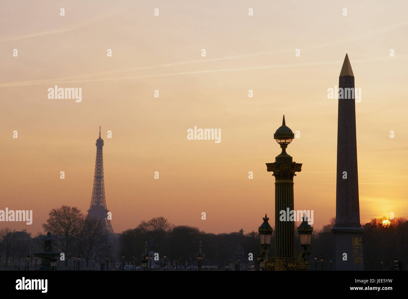 France, Paris, Concorde square, obelisk of Luxur and Eiffel Tower in the background, Stock Photo