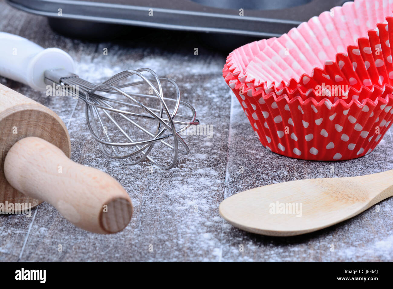 Kitchen objects on wooden table Stock Photo