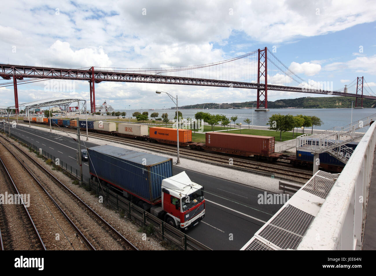 Portugal, Lisbon, Belem, Tejo, bridge 'Ponte 25 de Abril', harbour, street, railroad, economy, export, import, Stock Photo
