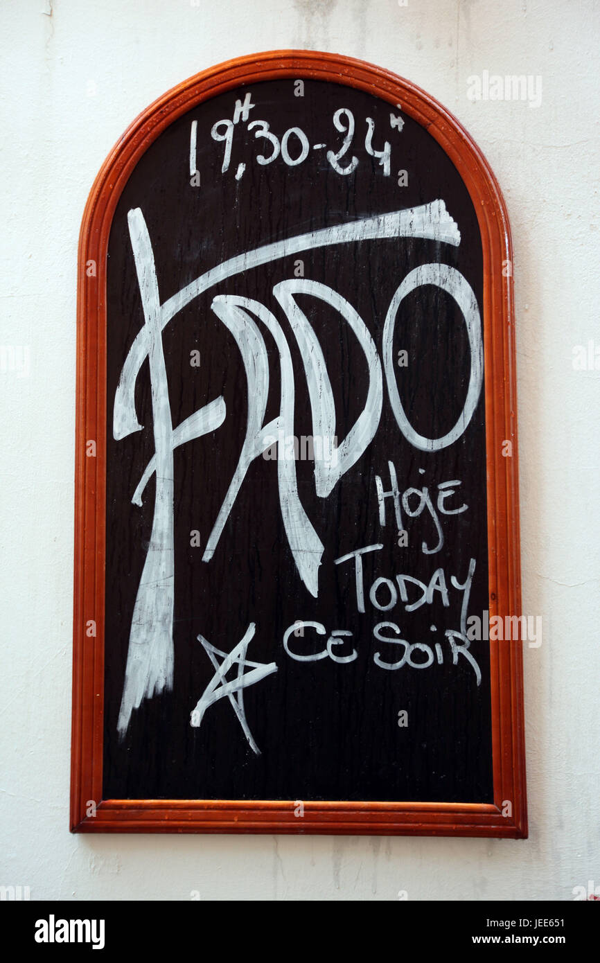 Portugal, Lisbon, Old Town, Alfama, sign, music, Fado, culture, tradition, restaurant, Stock Photo
