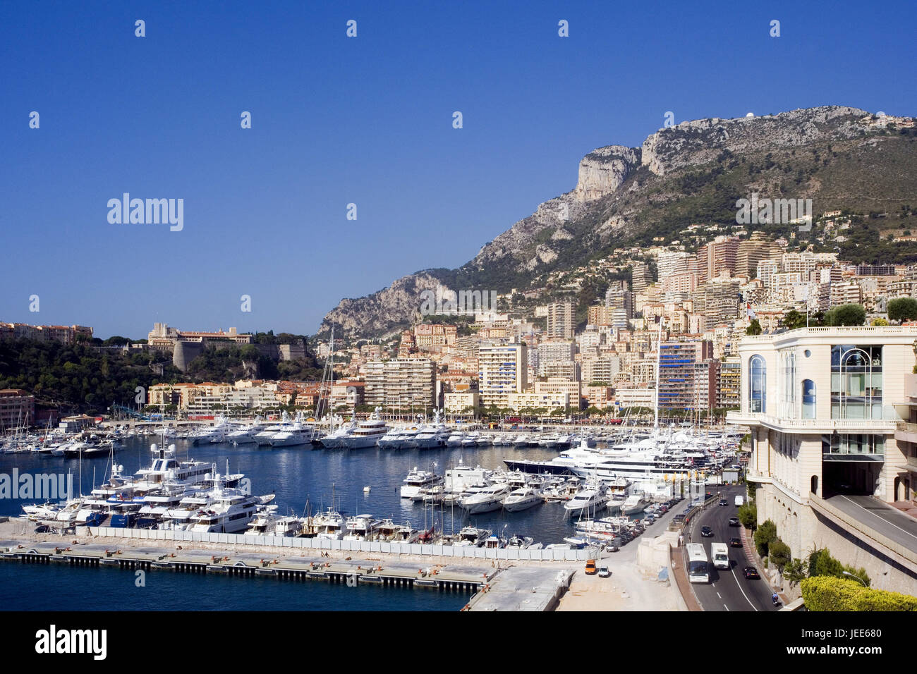 Monaco, Monte Carlo, town view, harbour, the Mediterranean Sea, principality, Riviera, Mediterranean coast, houses, residential houses, harbour basins, yacht harbour, yachts, boats, ships, wealth, luxury, jet set, tax haven, destination, tourism, Stock Photo