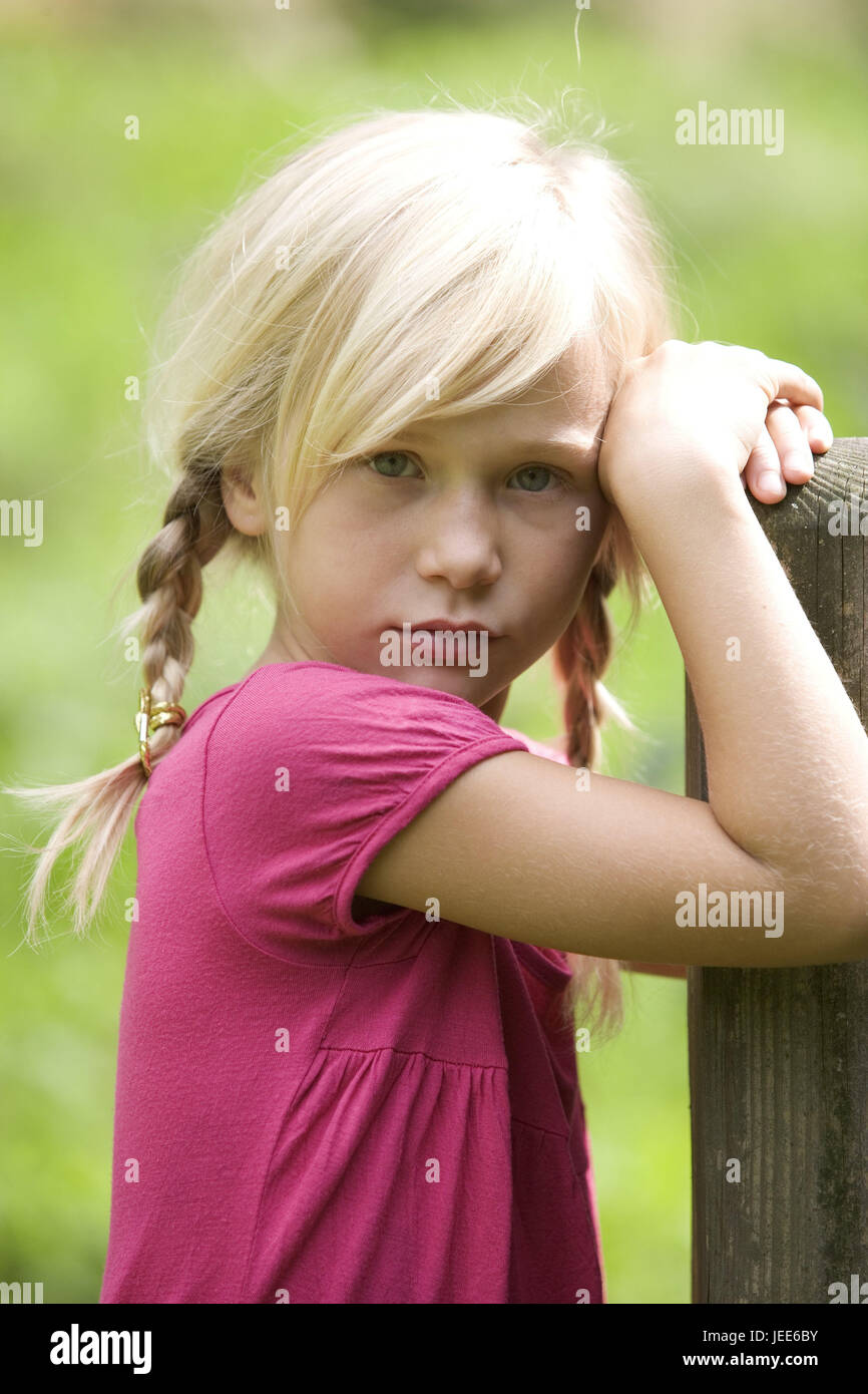 Girls, sadly, wooden posts, lean, portrait, person, child, blond, long