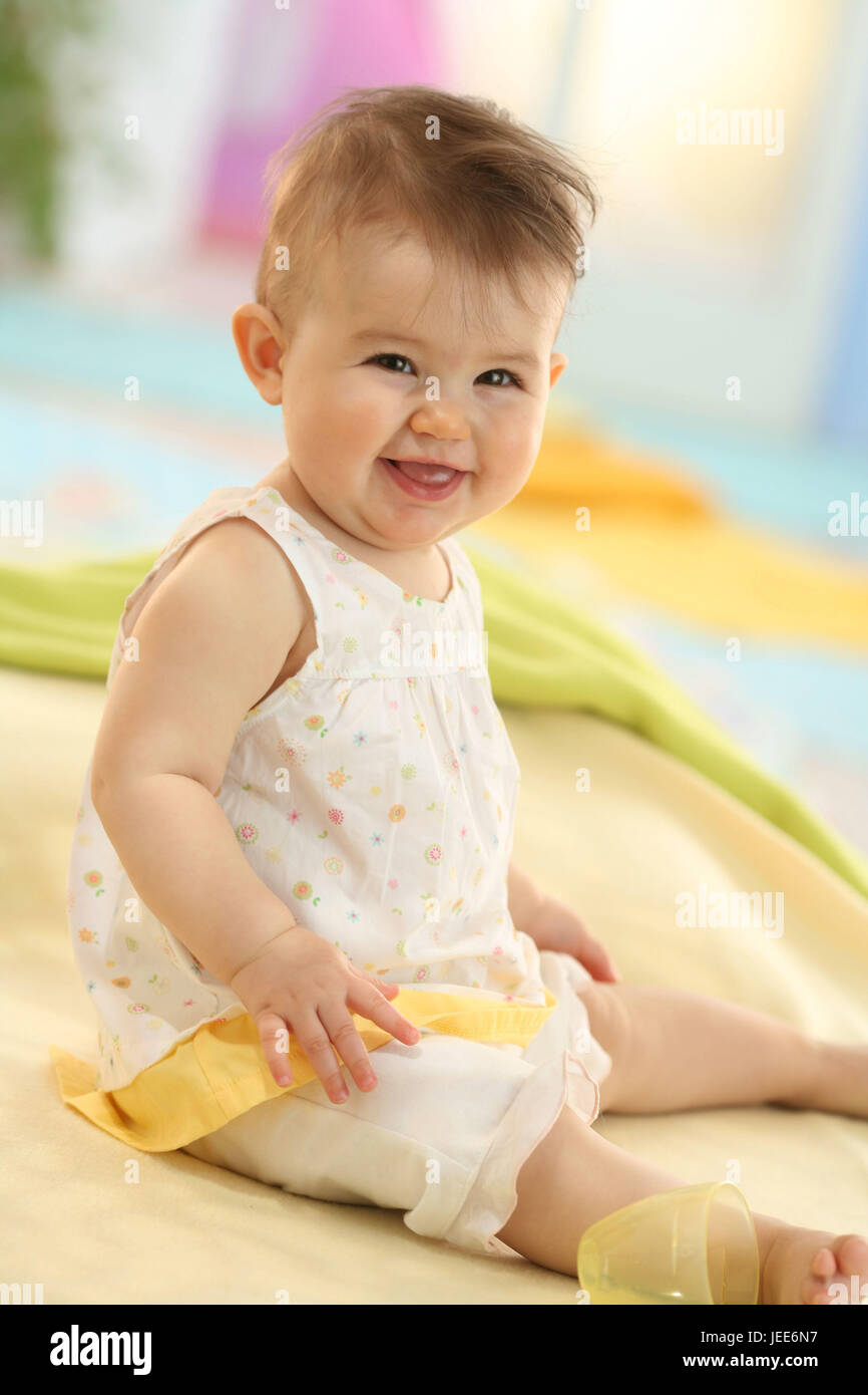 Baby, 10 months, sit, summer, happily, Stock Photo
