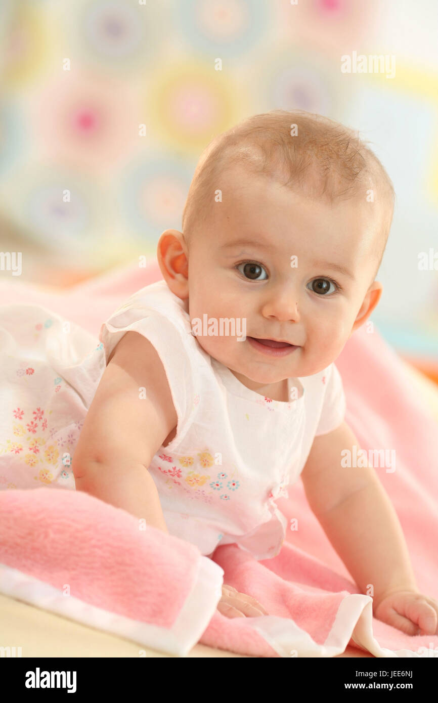 Baby, 6 months, sit, soft caps, view camera, summer, Stock Photo