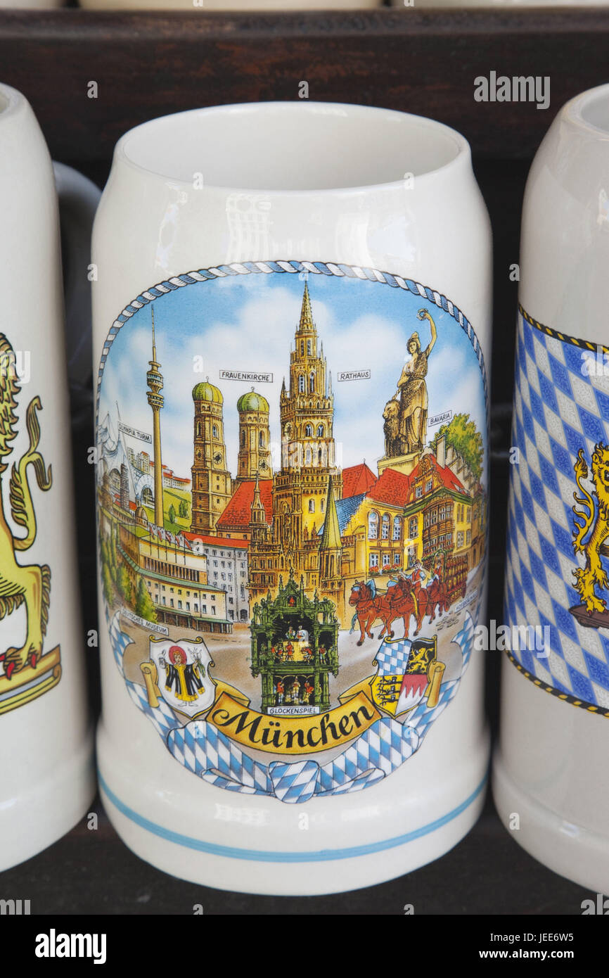 Germany, Bavaria, Munich, souvenirs, beer mugs, medium closeup Stock