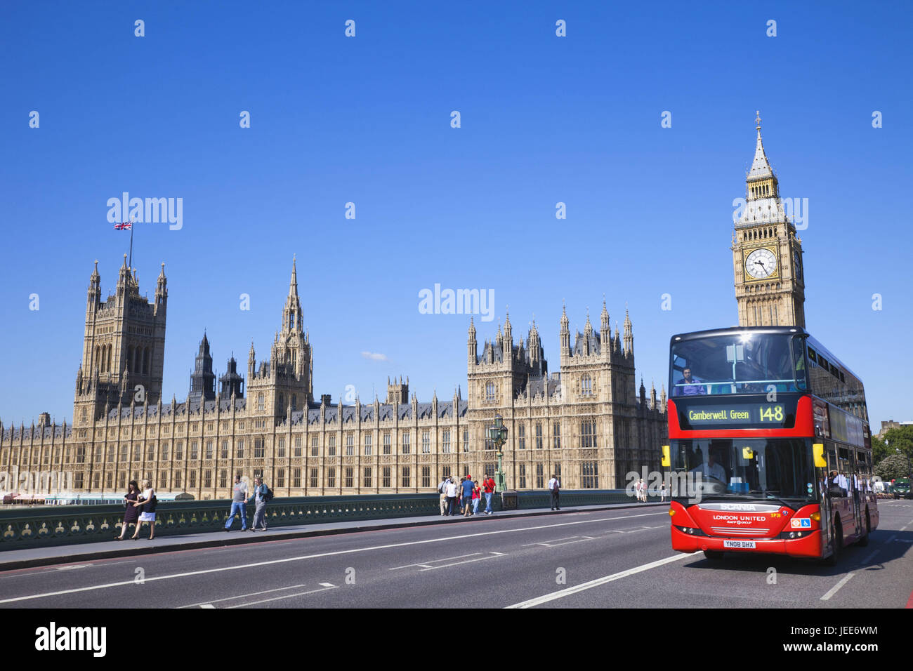 England, London, Westminster, Palace of Westminster, Big Ben, double-decker bus, town, parliament, architecture, building, structure, landmark, monument, bus, red, tourism, person, bridge, world cultural heritage, street, Stock Photo