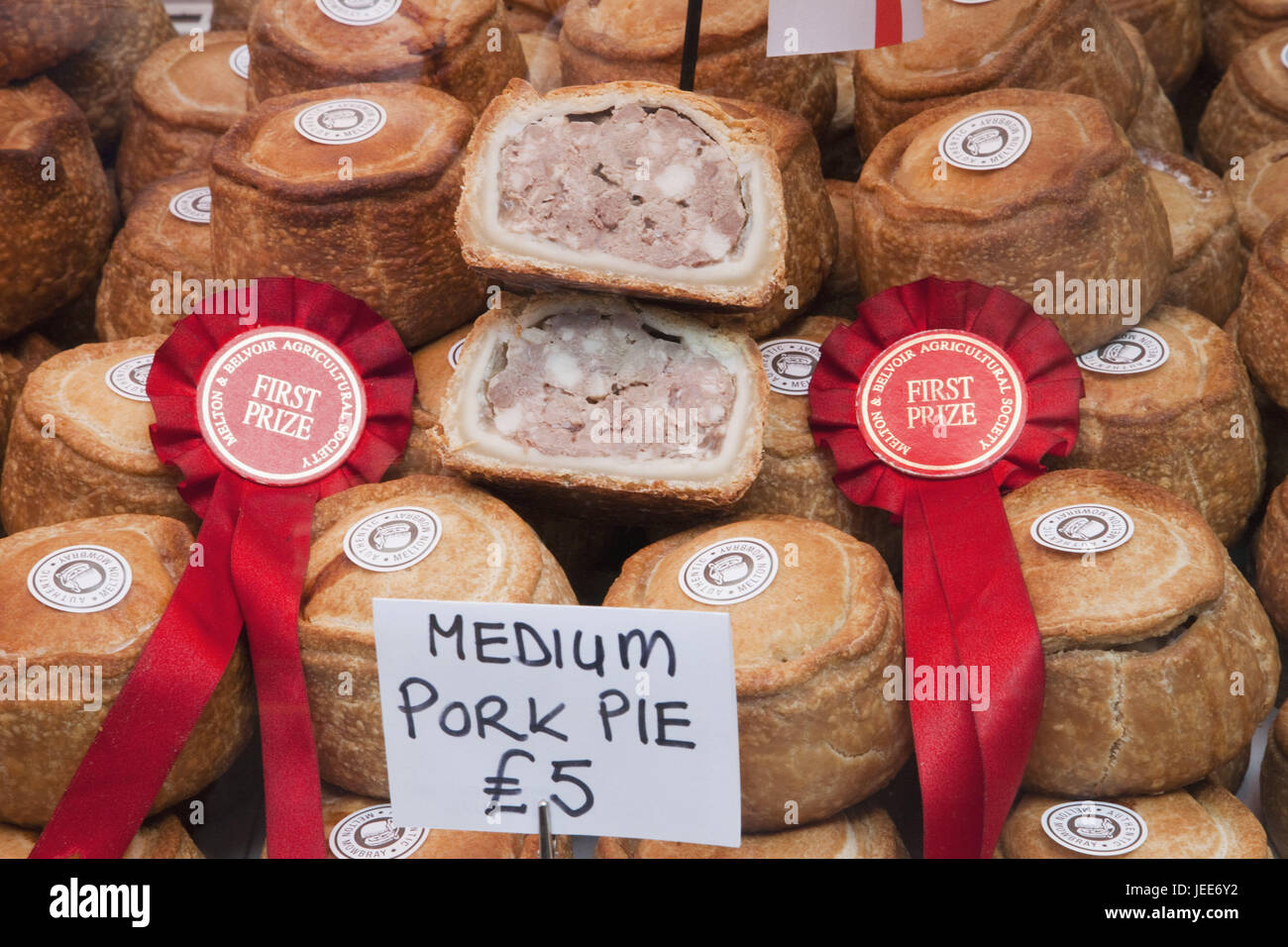 England, London, Southwark, borough Market, food state, game Boar Meat Pies, town, food market, Meat Pie, wild boar, medium close-up, price tag, award, Stock Photo