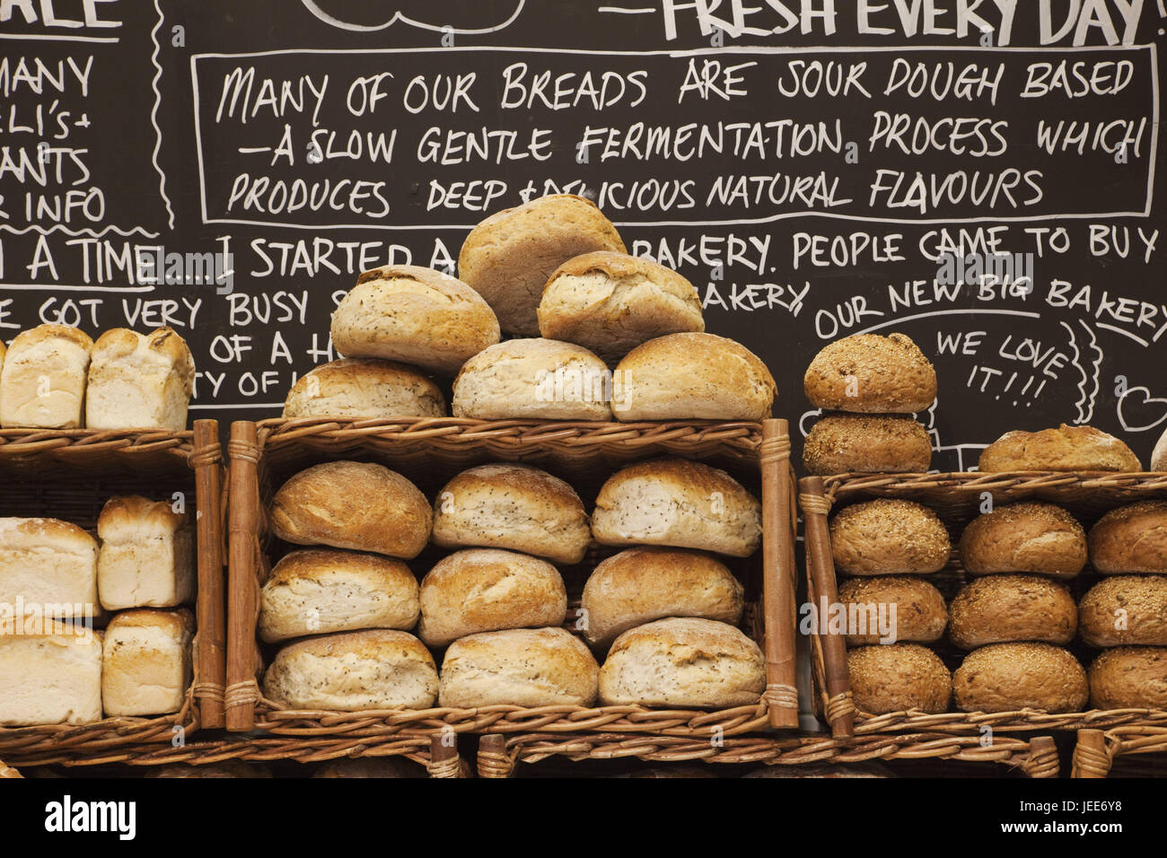 England, London, Southwark, borough Market, food state, baker's, bread, town, market, food state, state, stacked, freshly, offer notice board, Stock Photo