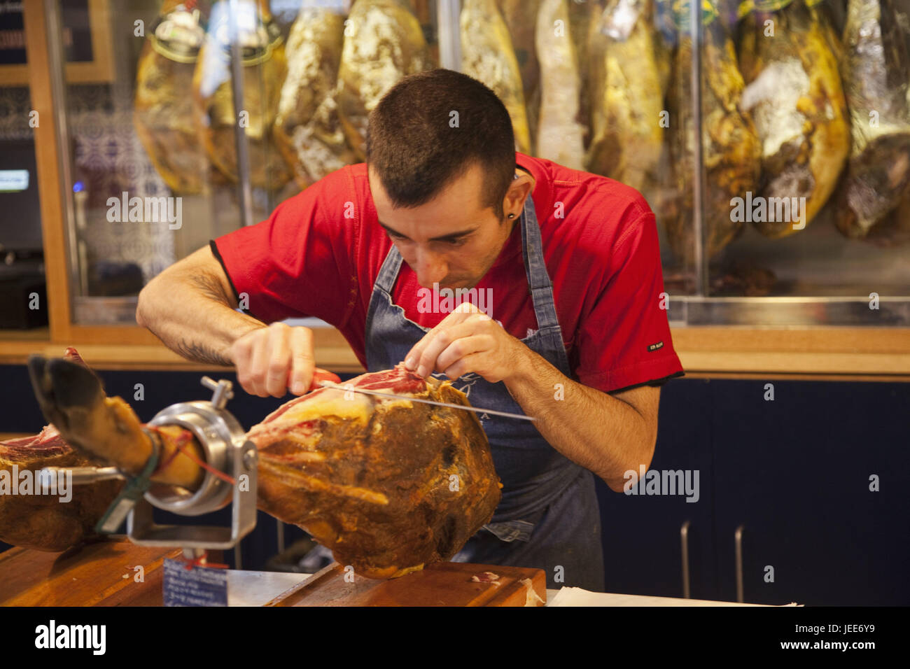 England, London, Southwark, borough Market, food state, seller cuts ham, Serrano ham, town, Market, food market, state, ham, Jamon, Food, Stock Photo