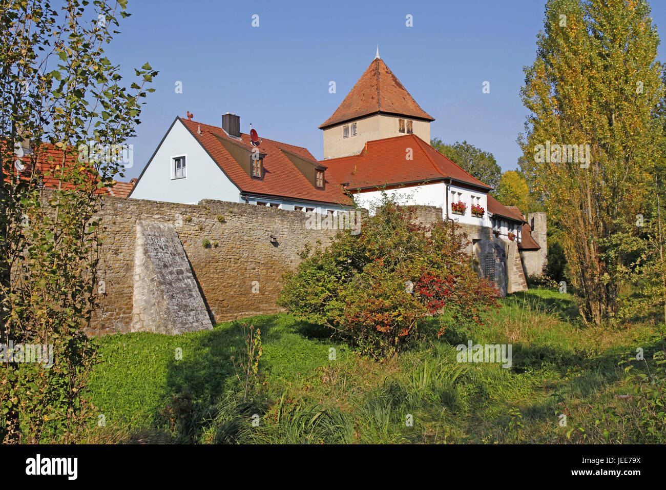 Germany, Bavaria, Lower Franconia, Iphofen, tenth tower with pest gate, defensive wall, goal attachment, city wall, franc, tenth tower, pest gate, city wall, tower, Stock Photo