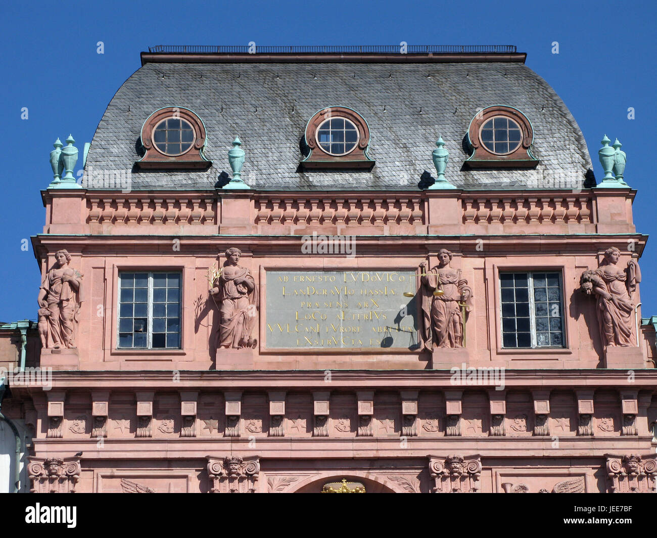 Germany, Hessen, Darmstadt, lock, facade, lock facade, detail, statues, buildings, red, roof, window, outside, inscription, colour, gold, Stock Photo