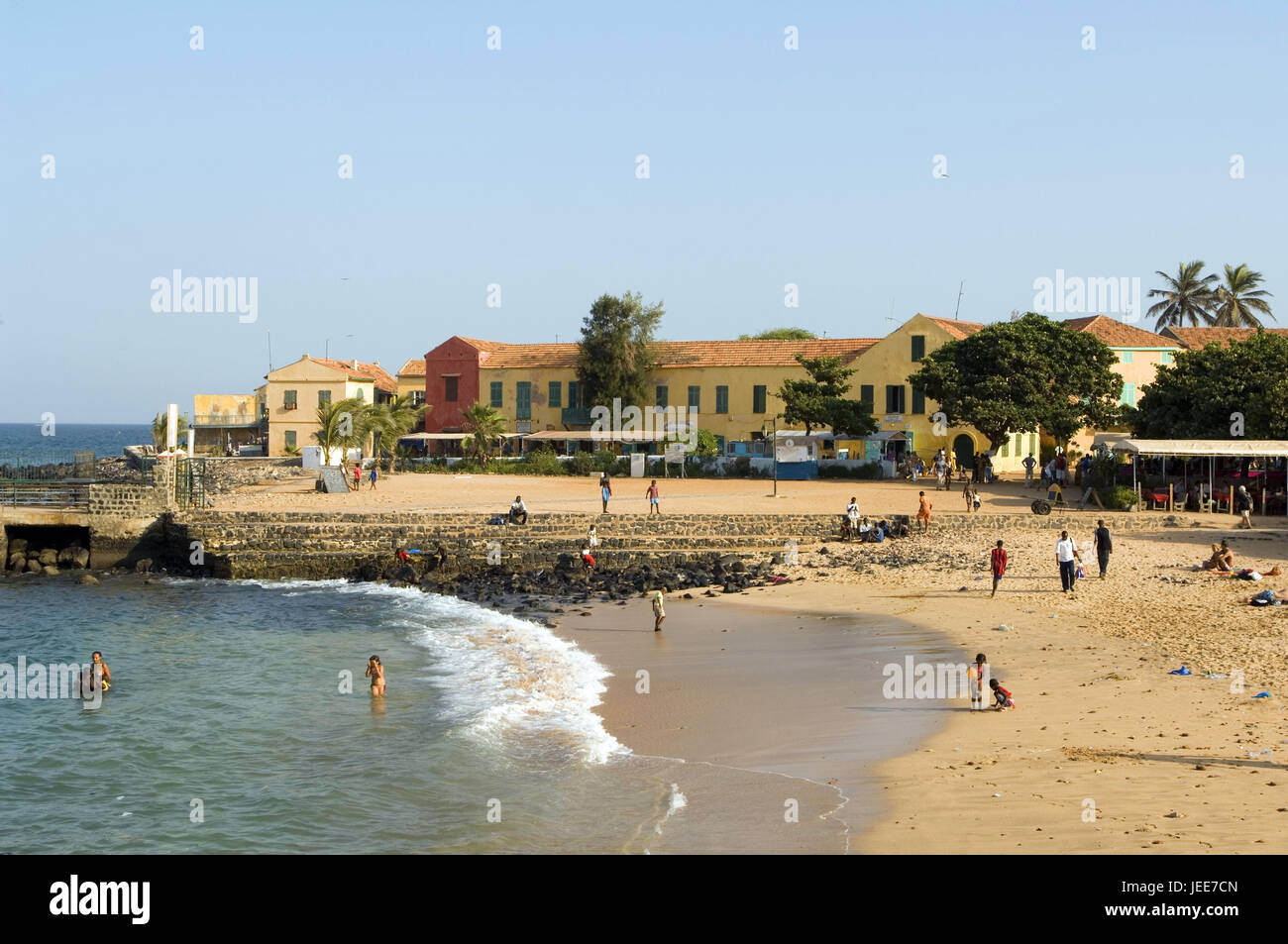 Sea, bathers, beach, local view, island Goree, Senegal, Stock Photo