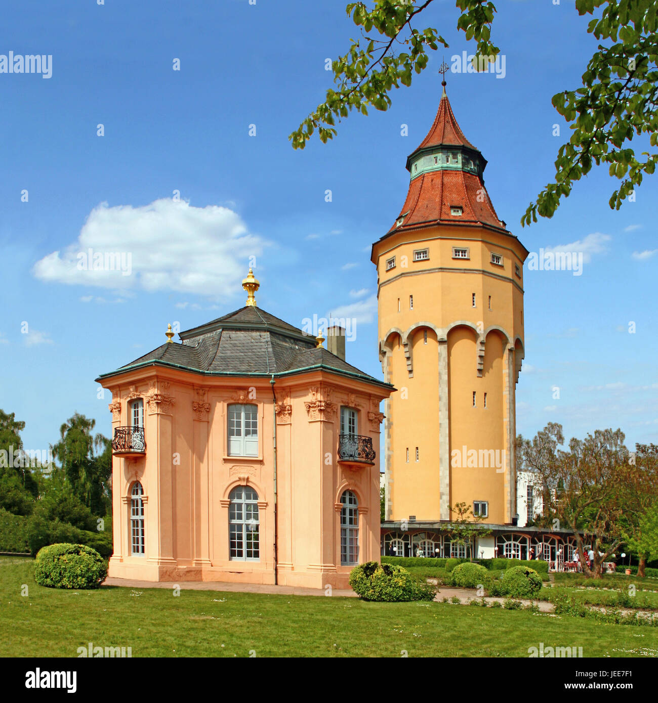 Germany, Baden-Wurttemberg, Rastatt, pagoda castle, water tower, spring, castle, tower, garden small castle, pavilion, teahouse, outside, places of interest, tourism, Stock Photo