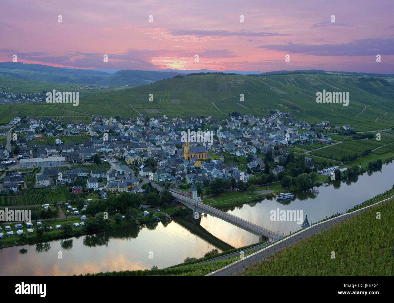 Germany, Rhineland-Palatinate, step home, town view, church, flux Moselle, afterglow, Moselle valley, mirroring, water surface, wine region, wine-growing area, vineyards, hills, view, town, houses, residential houses, bridge, sky, evening sky, atmospheric, Stock Photo