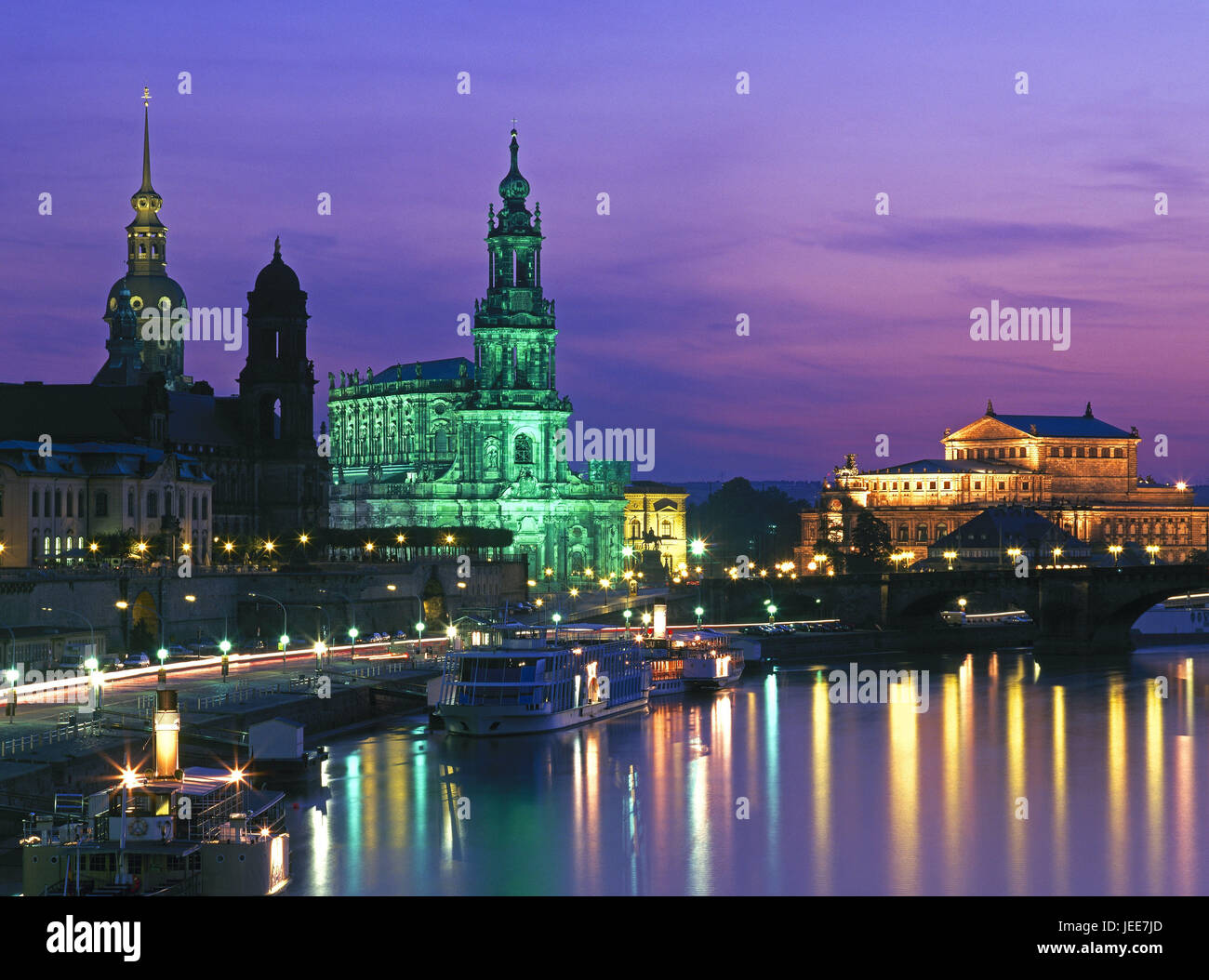 Germany, Saxony, Dresden, Old Town, lighting, evening, town, place of interest, destination, riverside, lock, court church, kennel, Semperoper, building, structures, architecture, darkness, outside, mirroring, water surface, Stock Photo