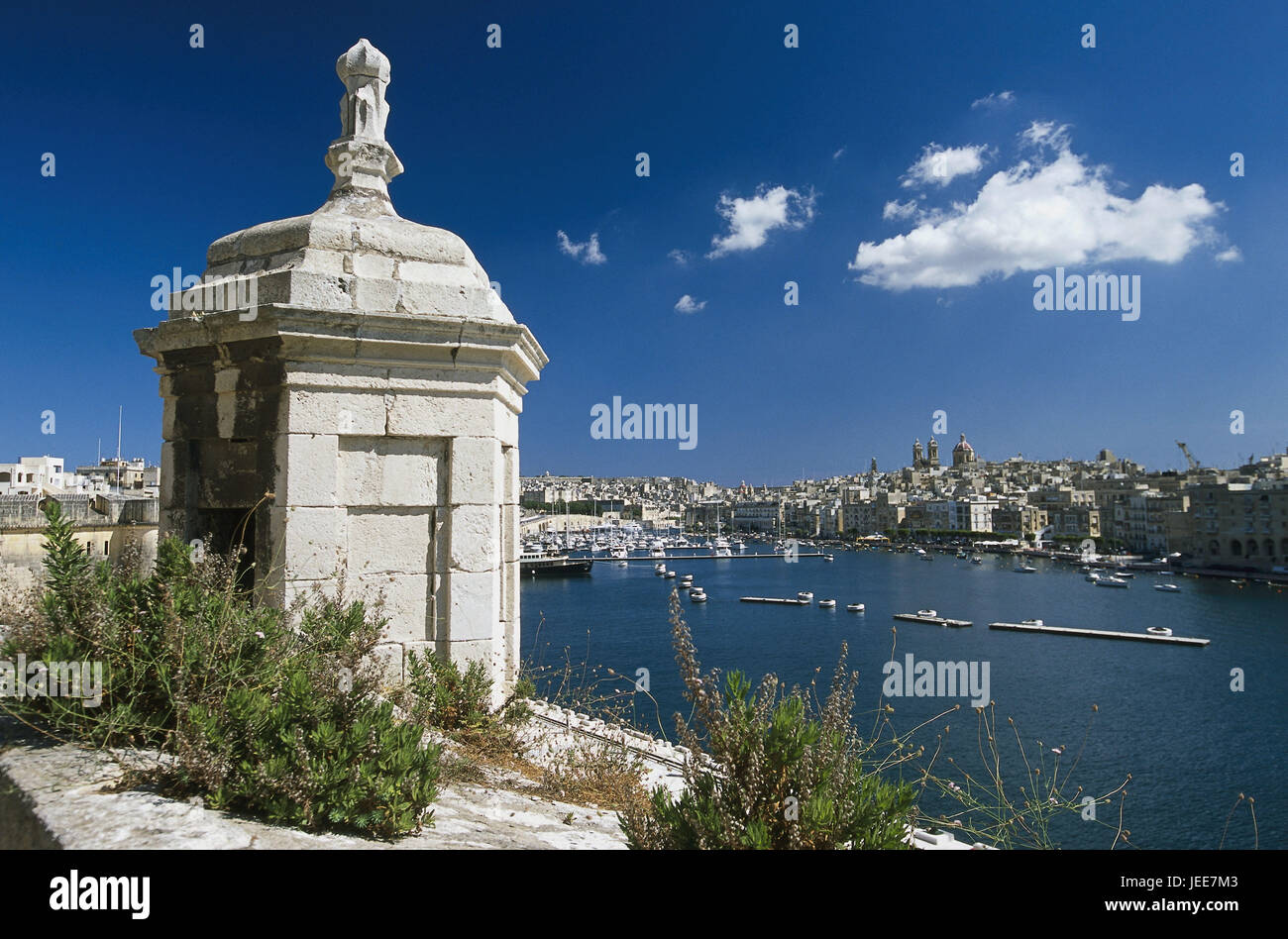 Island Malta, Vittoriosa, fort piece Angelo, tower, view Senglea, dock yard Creek, sea, Maltese islands, Mediterranean island, coast, peninsula, Birgu, town, fortress, bastion, structure historically, place of interest, lookout, neighbouring town, town view, harbour, the Mediterranean Sea, Stock Photo