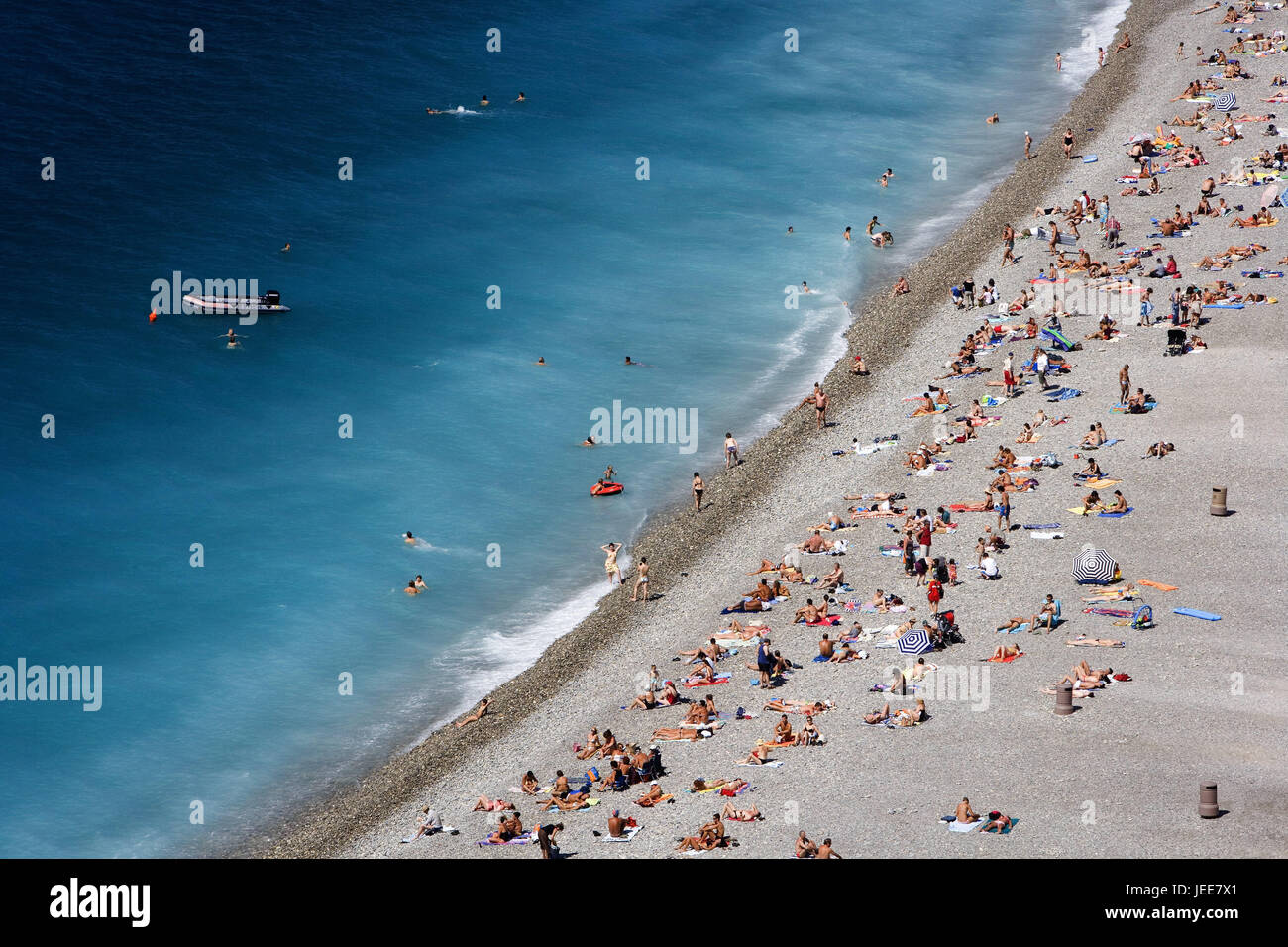 France, Provence, Cote d'Azur, Nice, beach, bathers, from above, the South of France, Mediterranean coast, beach, person, tourist, solar bath, rest, détente, vacation, holidays, summer vacation, beach holiday, destination, tourism, Stock Photo