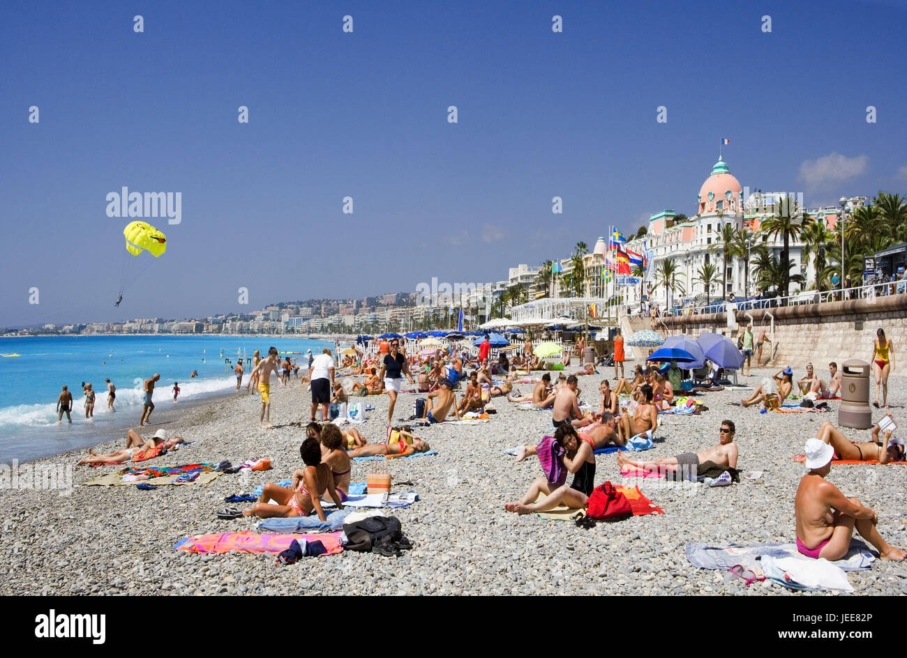 France, Provence, Cote d'Azur, Nice, beach, tourist, the South of France, Mediterranean coast, beach, gravel beach, bathers, people, détente, rest, to solar bath, destination, tourism, summer vacation, beach holiday, vacation, holidays, Stock Photo