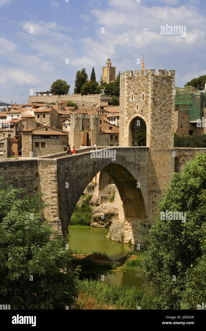 Spain, Catalonia, Besalu, town view, Pont Vell, bridge town, houses, residential houses, river, stone bridge, in Romance style, historically, bridge architecture, tower, military tower, architecture, place of interest, destination, Stock Photo