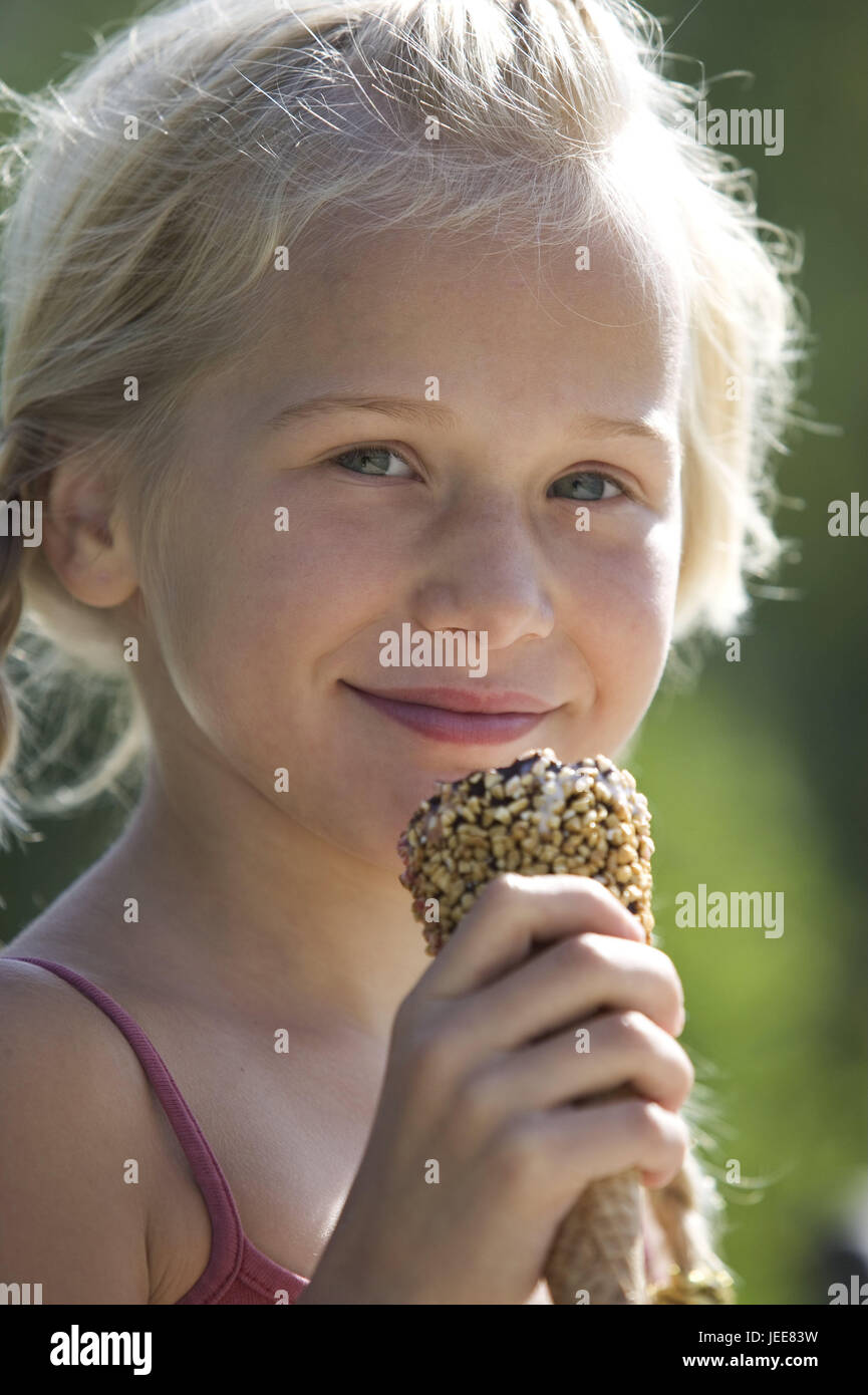 Girls, happily, icecream cone, hold, portrait, curled, people, children, child portrait, lick