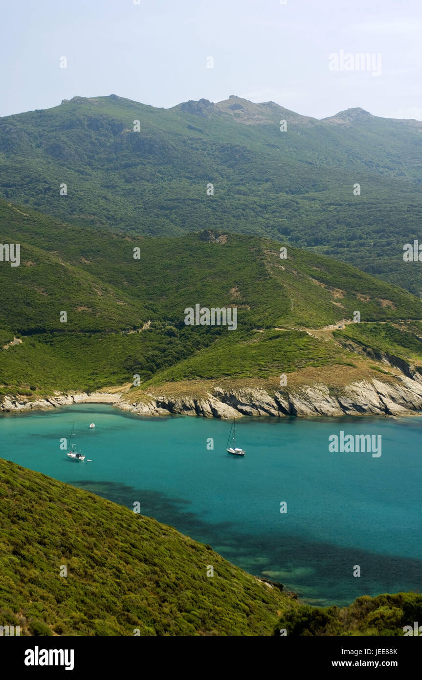 France, Corsica, Cap Corse, bay, sea, boats, anchor, Stock Photo