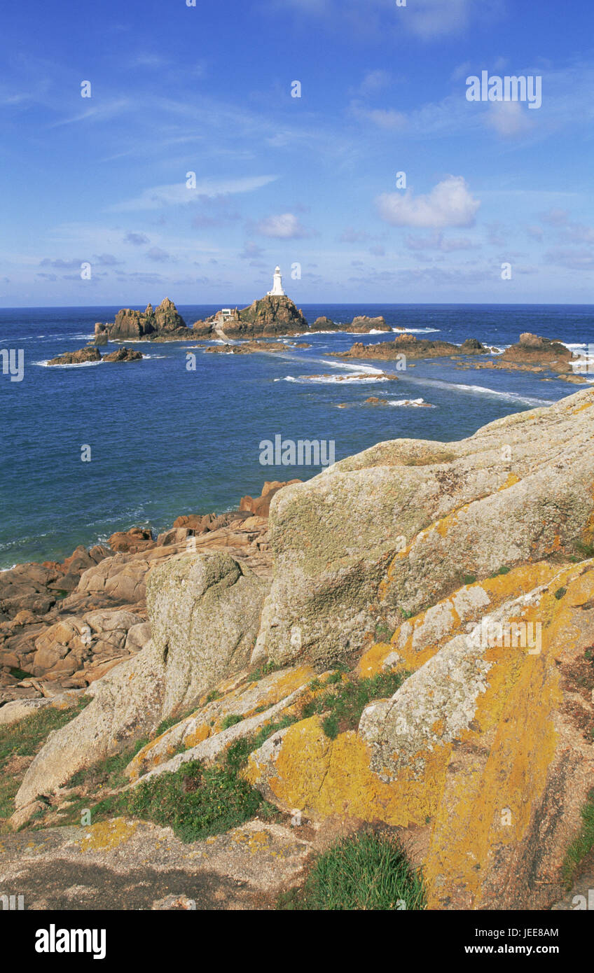 Great Britain, the Channel Islands, island Jersey, La Corbiere, lighthouse, Europe, coast, rock, rocky, building, architecture, tower, beacon, sea character, orientation, guidance, navigation, navigation help, navigation, sunny, outside, deserted, sea, sky, clouds, Stock Photo