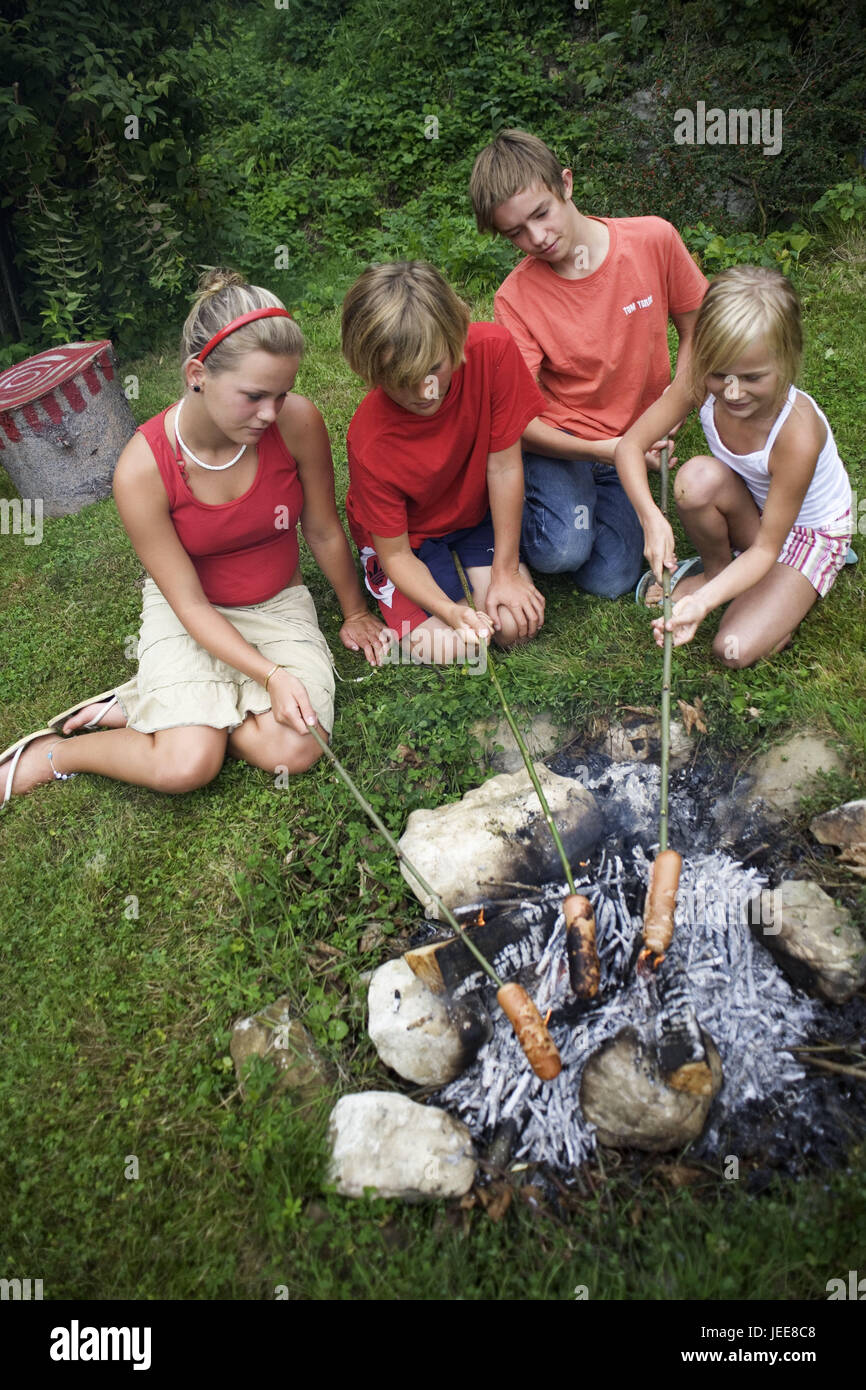 Siblings, children, young persons, campfires, sausages, roast, people