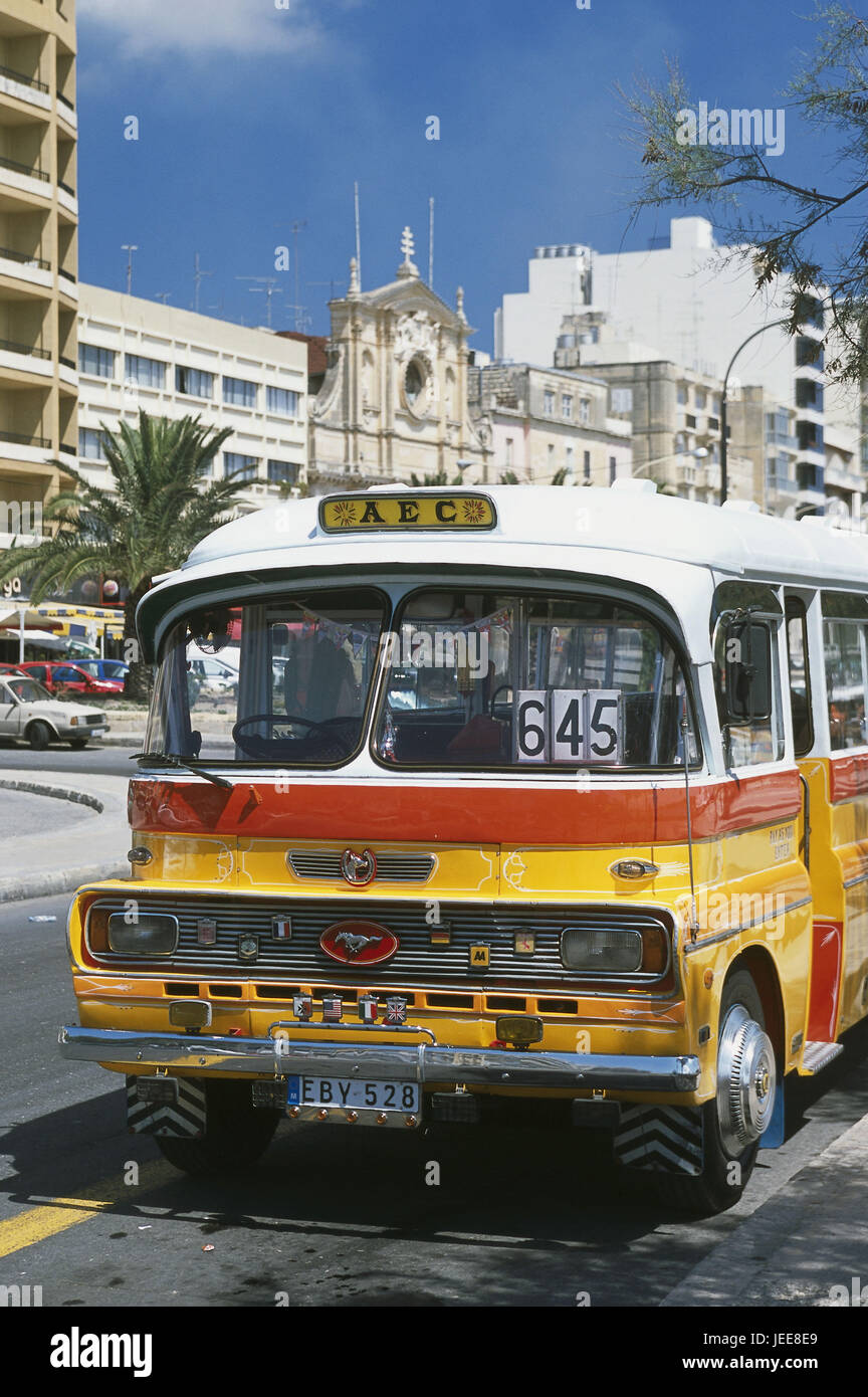 Island Malta, Sliema, bay Sliema Creek, town view, roadside, stop, regular bus, Maltese islands, Mediterranean island, coast, island traffic, bank promenade, The beach, street, bus stop, means of transportation, vehicle, means of transportation publicly, island bus, old-timer, old, yellow, park, bus route, beach bus term, tourism, nobody, deserted, holiday resort, Stock Photo