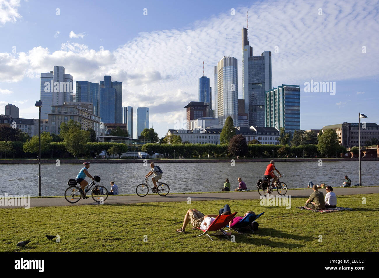 Germany, Hessen, Frankfurt on the Main, town view, riverside, cycle track, meadow, person, détente, metropolis, town, houses, high rises, office buildings, high-rise office blocks, river, the Main, shore, way, person, leisure time, rest, cyclist, financial metropolis, Stock Photo