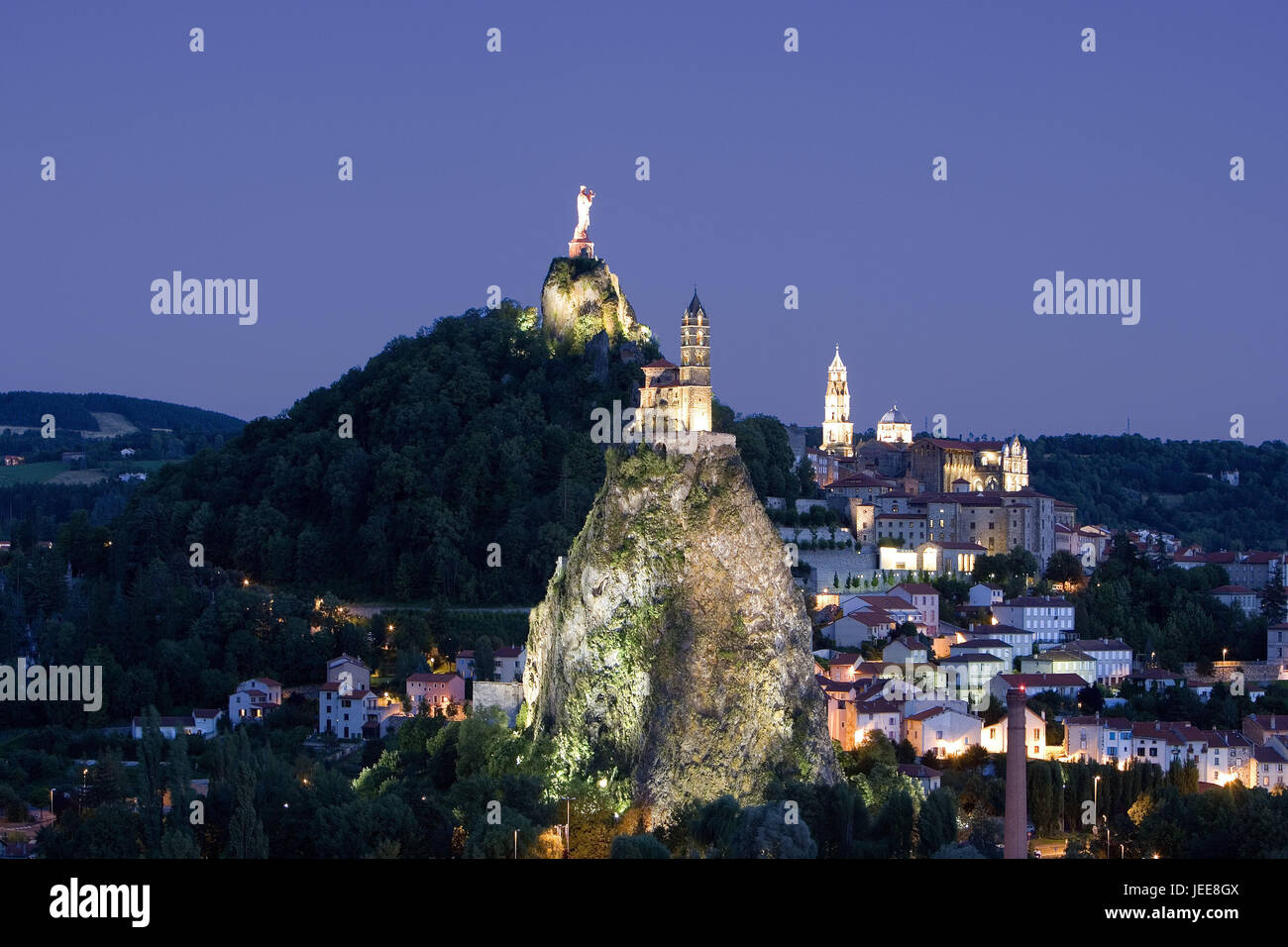 France, Le Puy-en-Velay, town view, churches, statue, lighting, evening, Europe, destination, place of interest, landmark, culture, UNESCO-world cultural heritage, volcano cone, volcano needle, rock, Marien's statue, madonna figure, band, church, cathedral, churches, sacred setting, lights, Stock Photo