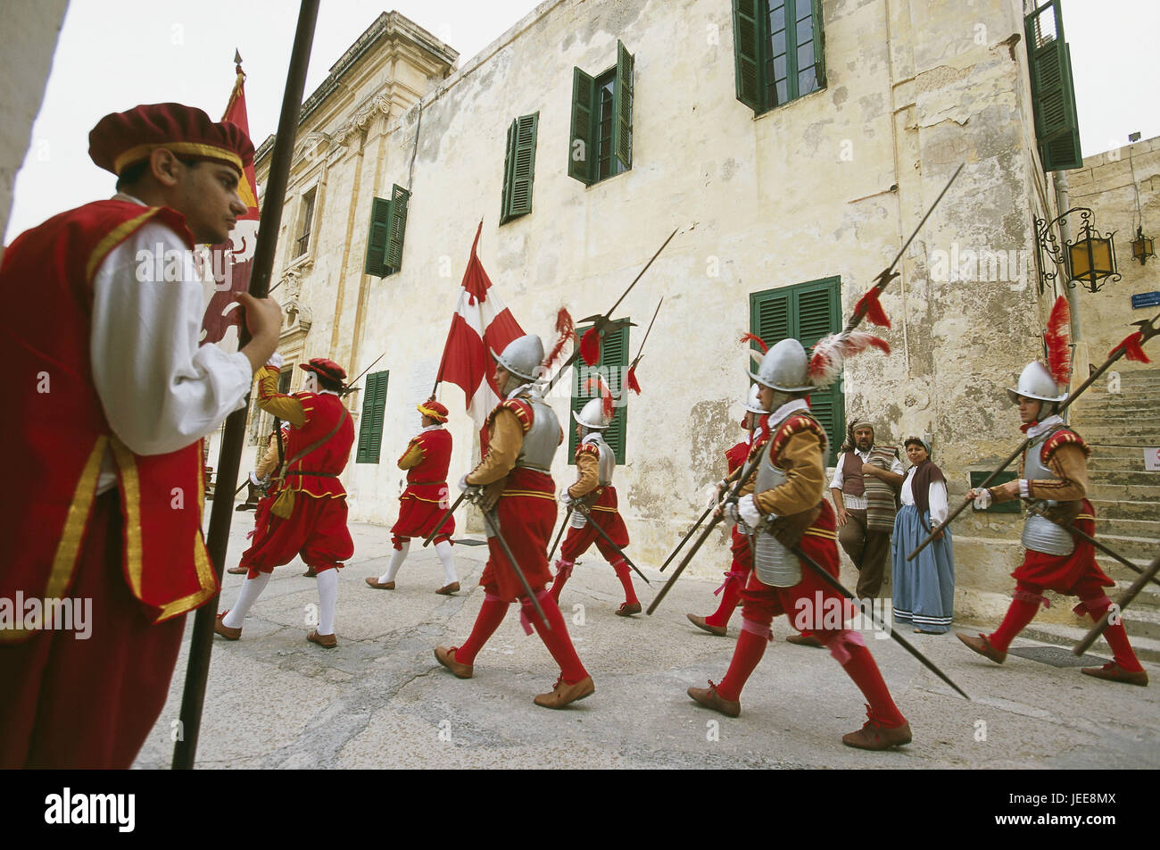 Island Malta, peninsula Sciberras, Valletta, fort piece Elmo, military save, guard, costumes, historically, no model release, Maltese islands, Mediterranean island, capital, culture, UNESCO-world cultural heritage, structure, fortress, bastion, showing, show, Guardia save, person, men, soldiers, halberds, tradition, tourism, place of interest, outside, Stock Photo