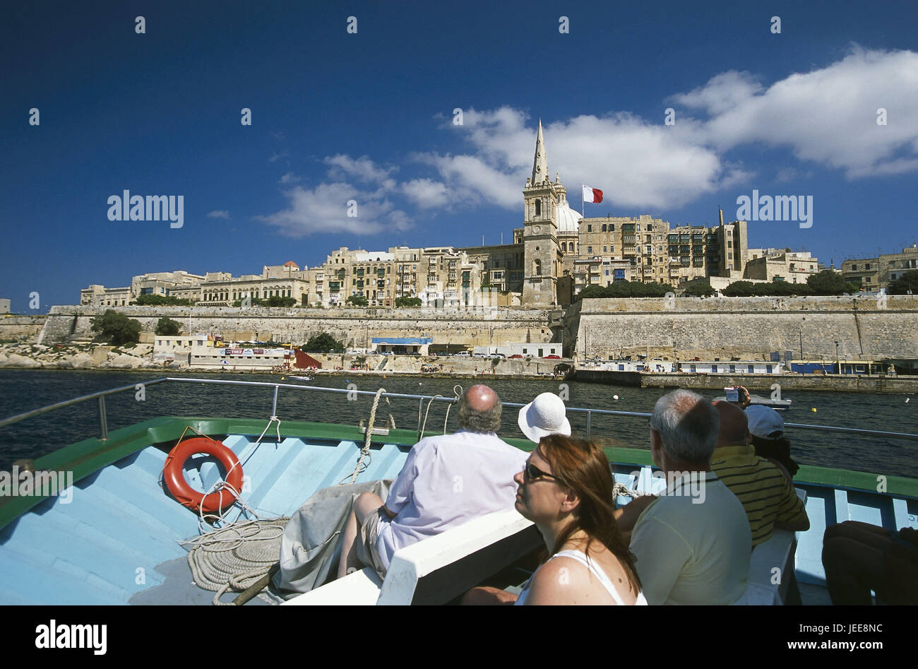 Island Malta, Marsamxett Harbour, boat, tourist, view Valletta, St. Paul's cathedral, St. Salvatore of bastion, no model release, Maltese islands, Mediterranean island, coast, peninsula Sciberras, capital, town, town view, Old Town, UNESCO-world cultural heritage, structures historically, fortress, sacred construction, church, in Anglican way, places of interest, excursion boat, harbour boat tour, boot round trip, boot tour, person, sea, the Mediterranean Sea, Stock Photo