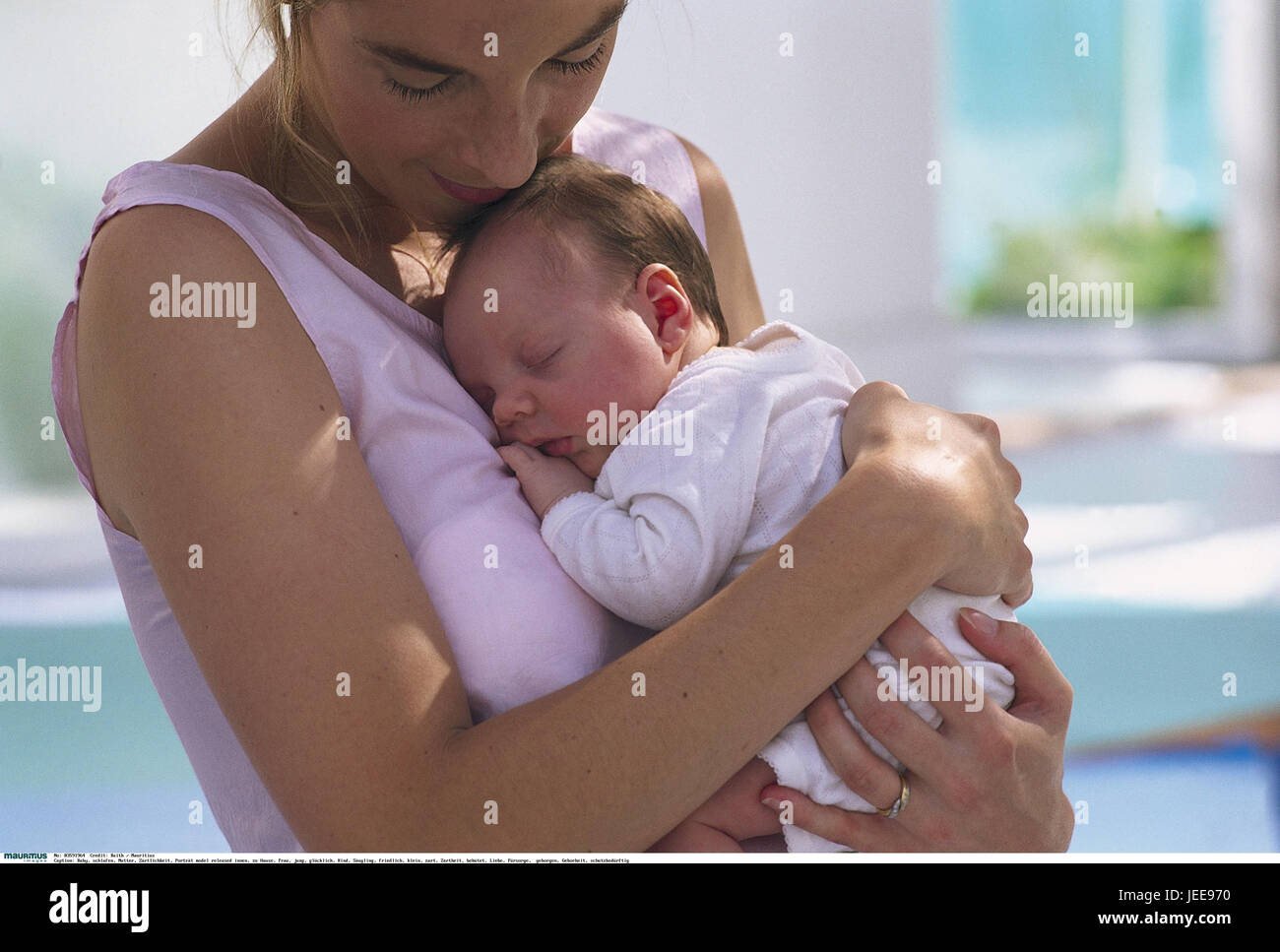 Baby, sleep, mother, tenderness, portrait inside, at home, woman, young, happily, child, infant, peacefully, small, softly, delicacy, protects, love, care, securely, Geborheit, protective-destitute Stock Photo