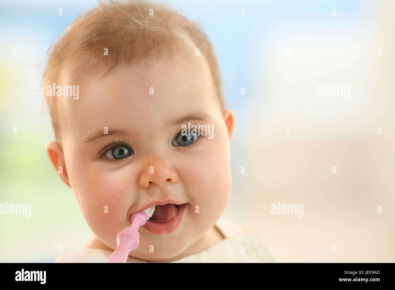 Baby, baby toothbrush, chew, portrait, Stock Photo