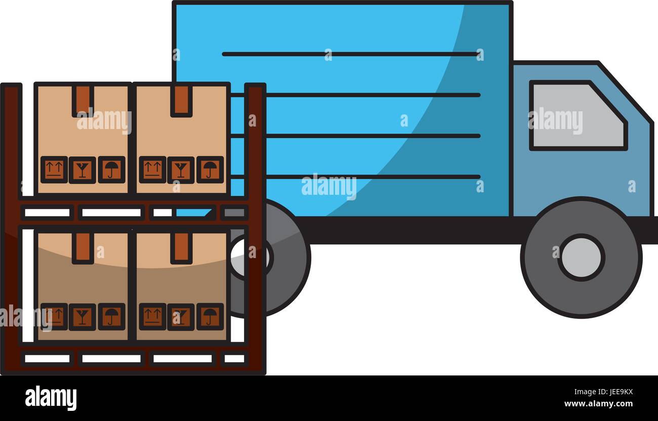 pile boxes carton in shelf with truck delivery icon Stock Vector