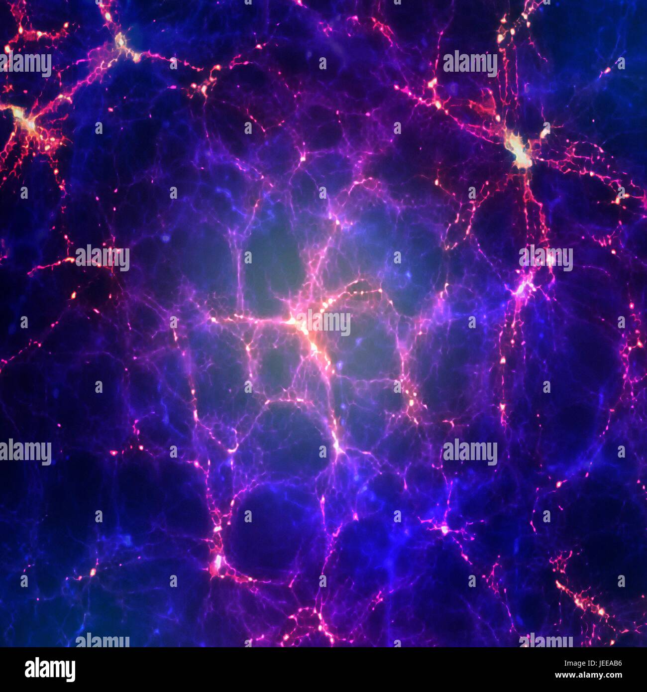 An impression of the large-scale structure of the universe, showing galaxy clusterrs and superclusters arranged in long filaments and concentrated at nodes. Stock Photo