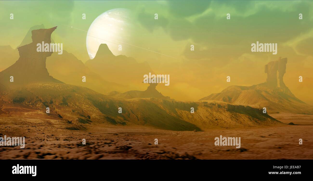 Artwork of an alien landscape. View from the surface of a rocky moon orbiting a gas-giant exoplanet. The planet is encircled by a series of rings, similar to Saturn in our own Solar System. The moon (landscape) is depicted as rocky, with strange rock formations sculpted by alien wind patterns. The sky is a very odd green colour. Astronomers have found well over a thousand extrasolar planets in the Milky Way. Stock Photo
