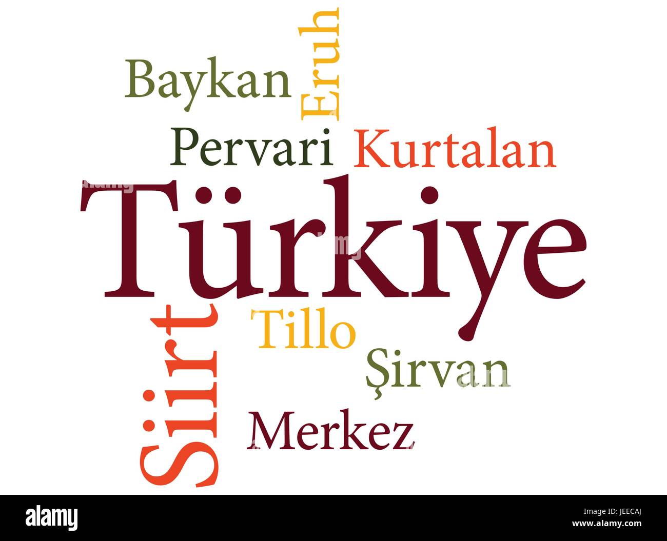 EPS 10 vector Illustration of the Turkish city Siirt subdivisions in word clouds Stock Vector