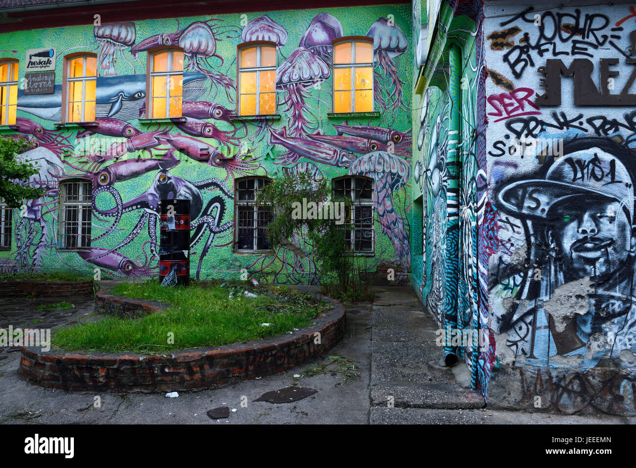 Underwater Graffiti on studio at Metelkova City Autonomous Cultural Center squat former Yugoslav National Army military barracks in Ljubljana Slovenia Stock Photo