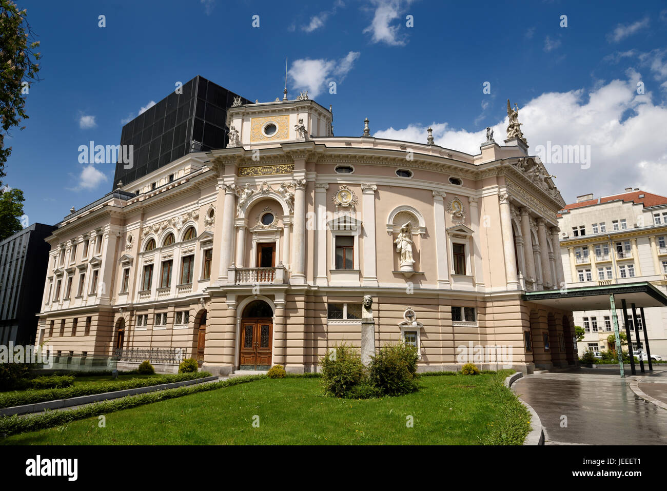Neo Renaissance architecture of the Slovenian National Opera and Ballet Theatre of Ljubljana Slovenia in sun after a rain storm Stock Photo
