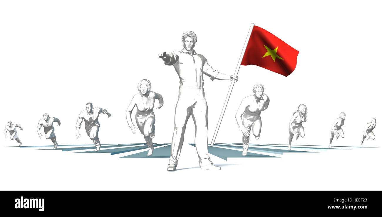 Vietnam Racing to the Future with Man Holding Flag Stock Photo