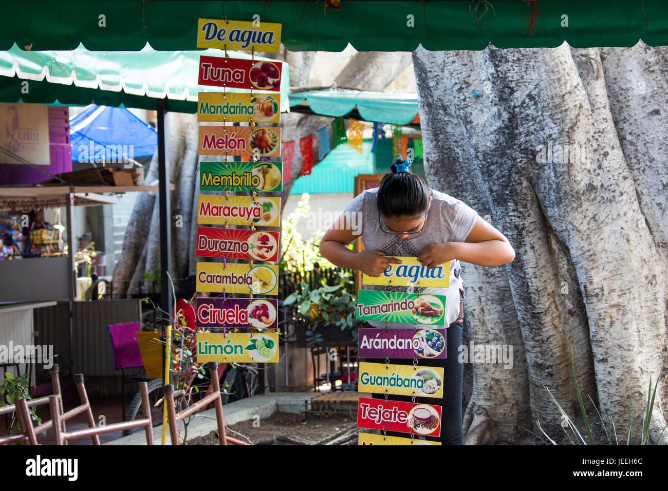 Young woman hanging signs at a fesh juice cafe in Oaxaca, Mexico Stock Photo